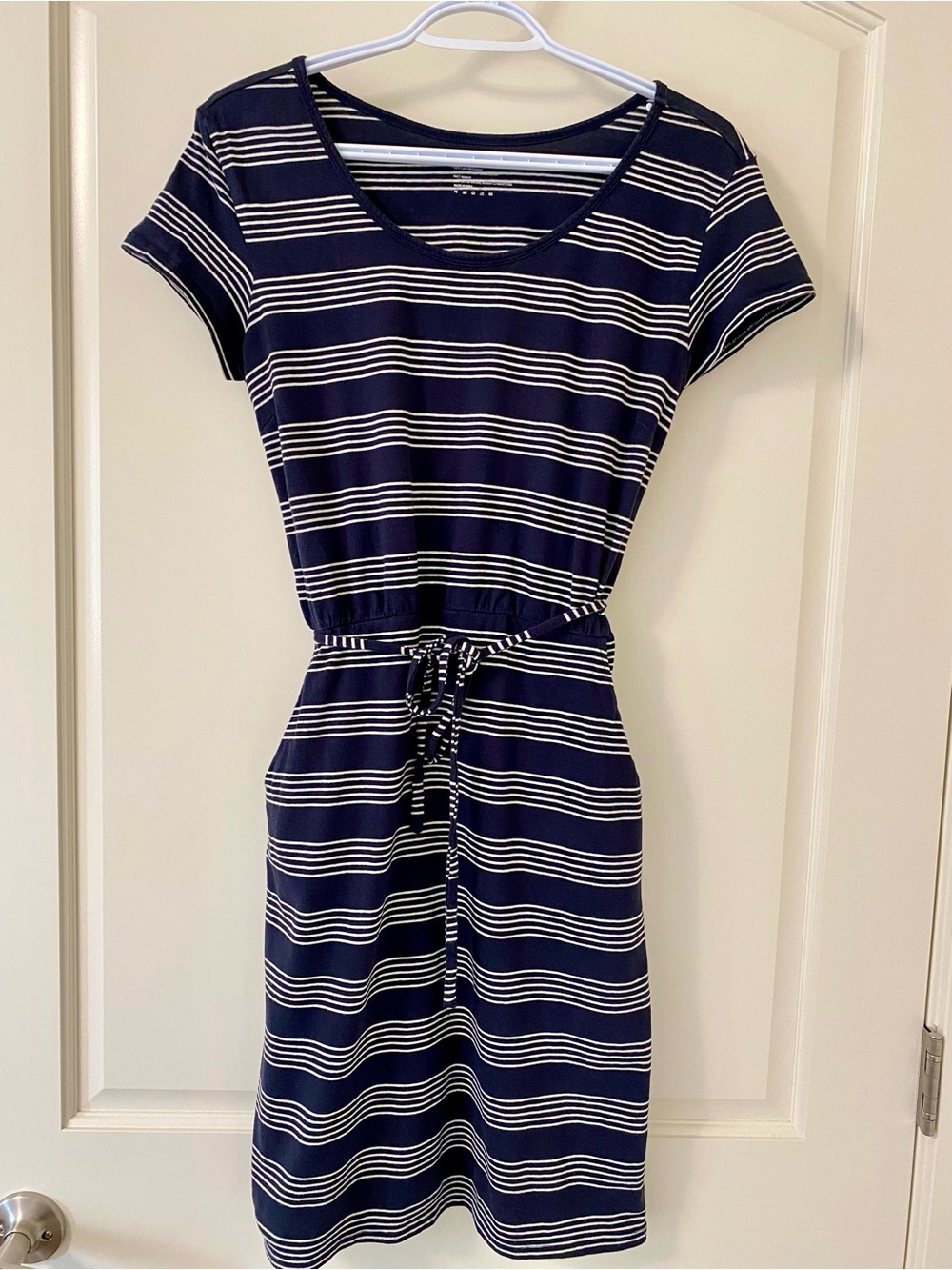 Pact Organic Navy and White Striped Short-Sleeve Tie-Waist Dress